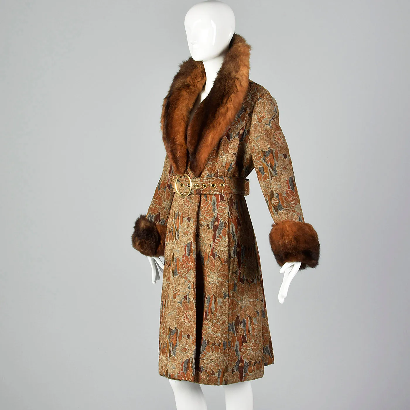 1970s Tapestry Coat with Large Fur Collar