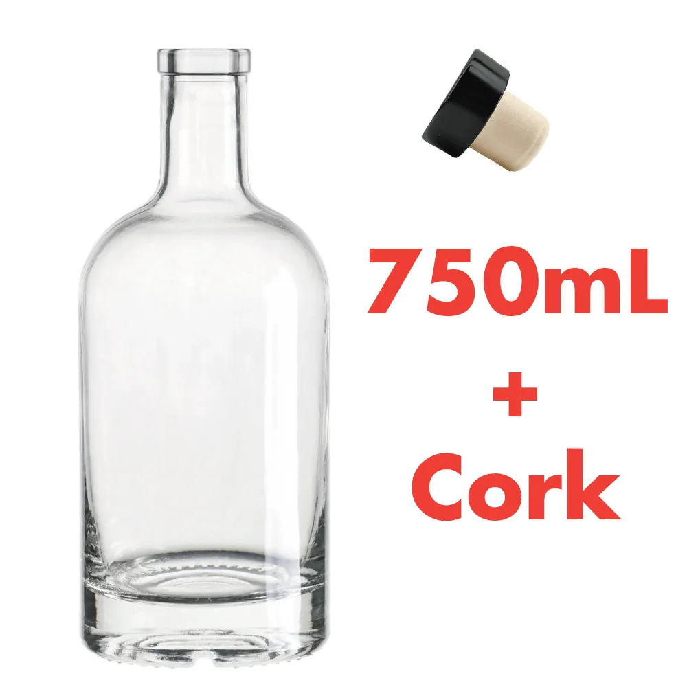 750mL Glass Spirit Bottle with Black Synthetic Cork Lid