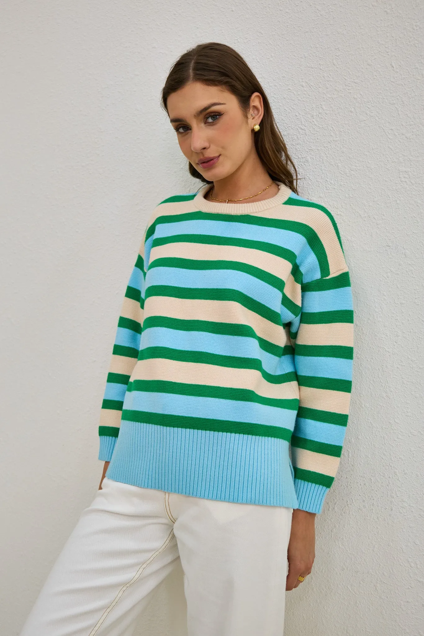 Anya Green Blue Stripe Knit Sweater