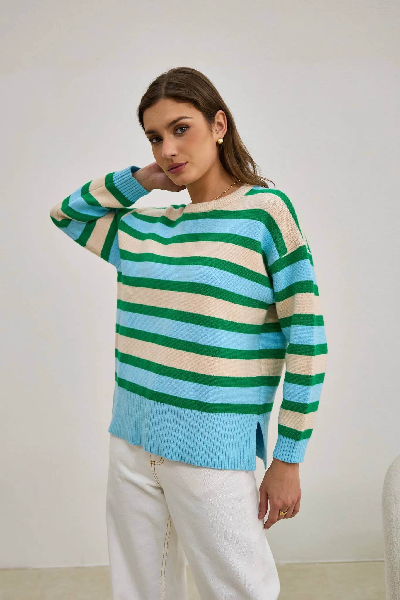 Anya Green Blue Stripe Knit Sweater