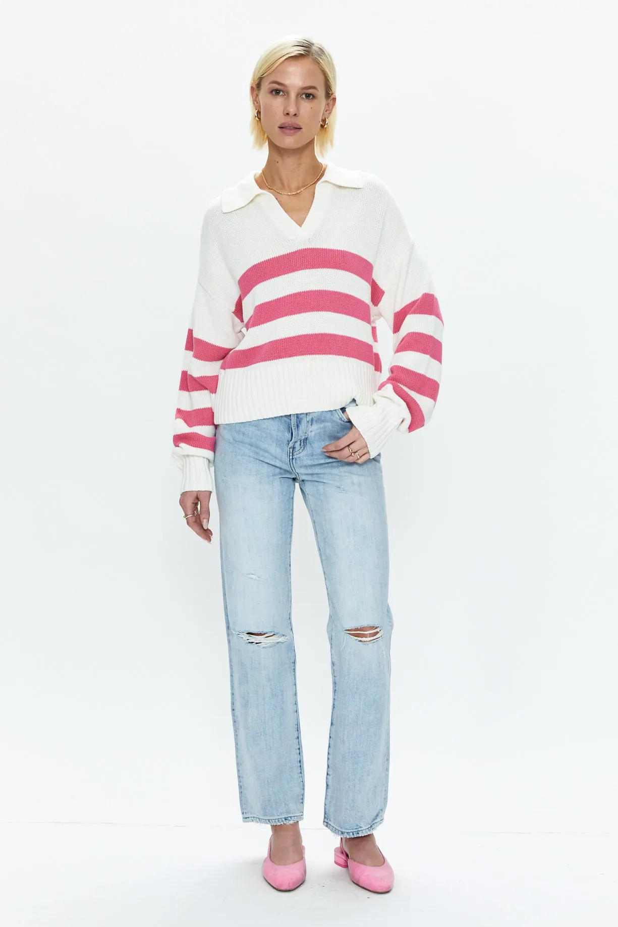 Arlo Polo Sweater - Flamingo White Stripe