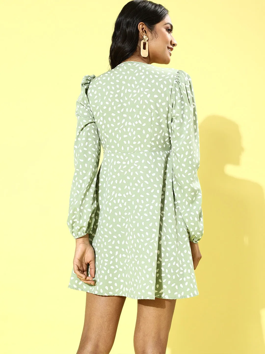 Berrylush Women Green & White Polka Dot Printed V-Neck Front Tie-Up Flared A-Line Mini Dress