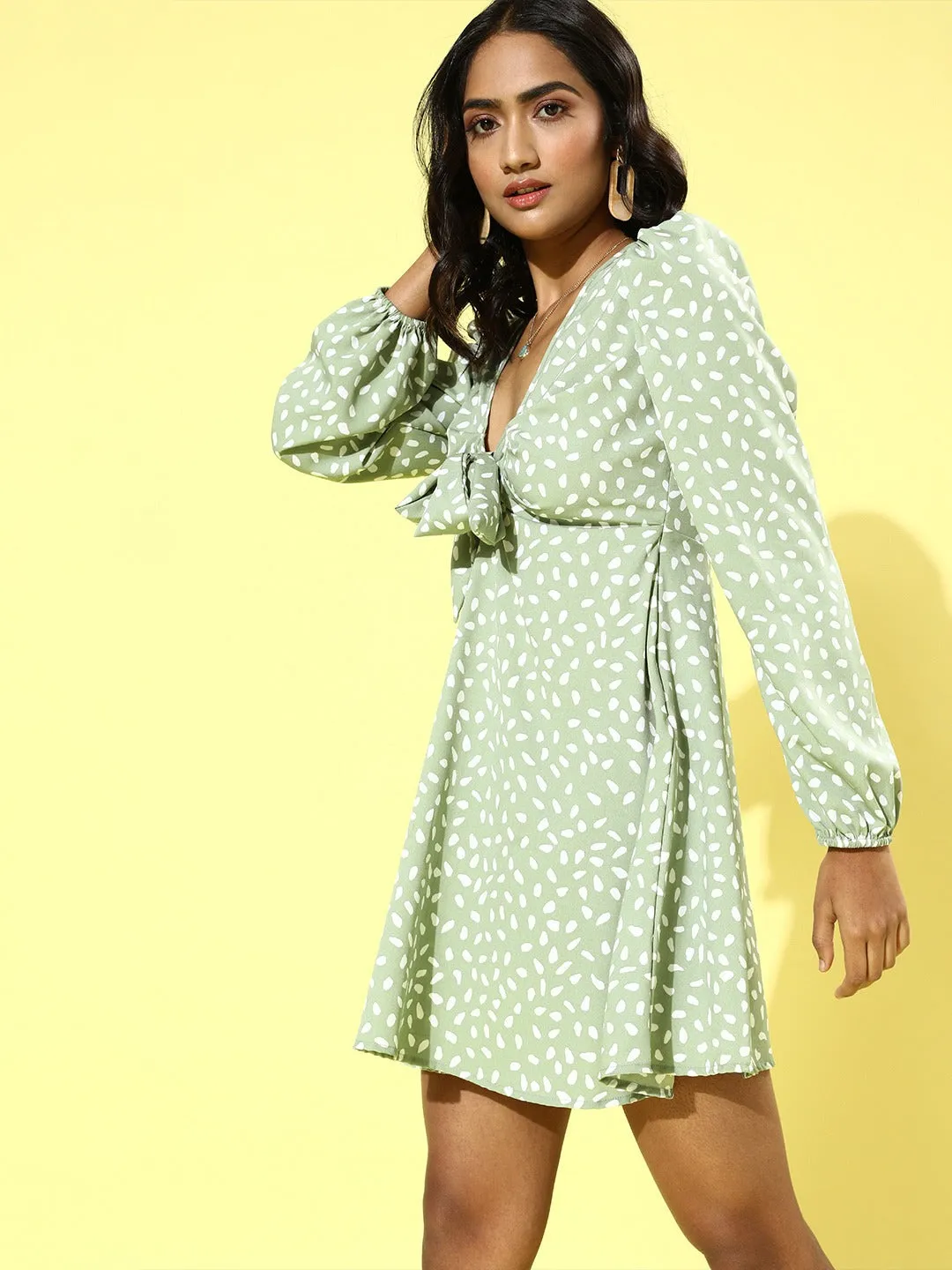 Berrylush Women Green & White Polka Dot Printed V-Neck Front Tie-Up Flared A-Line Mini Dress