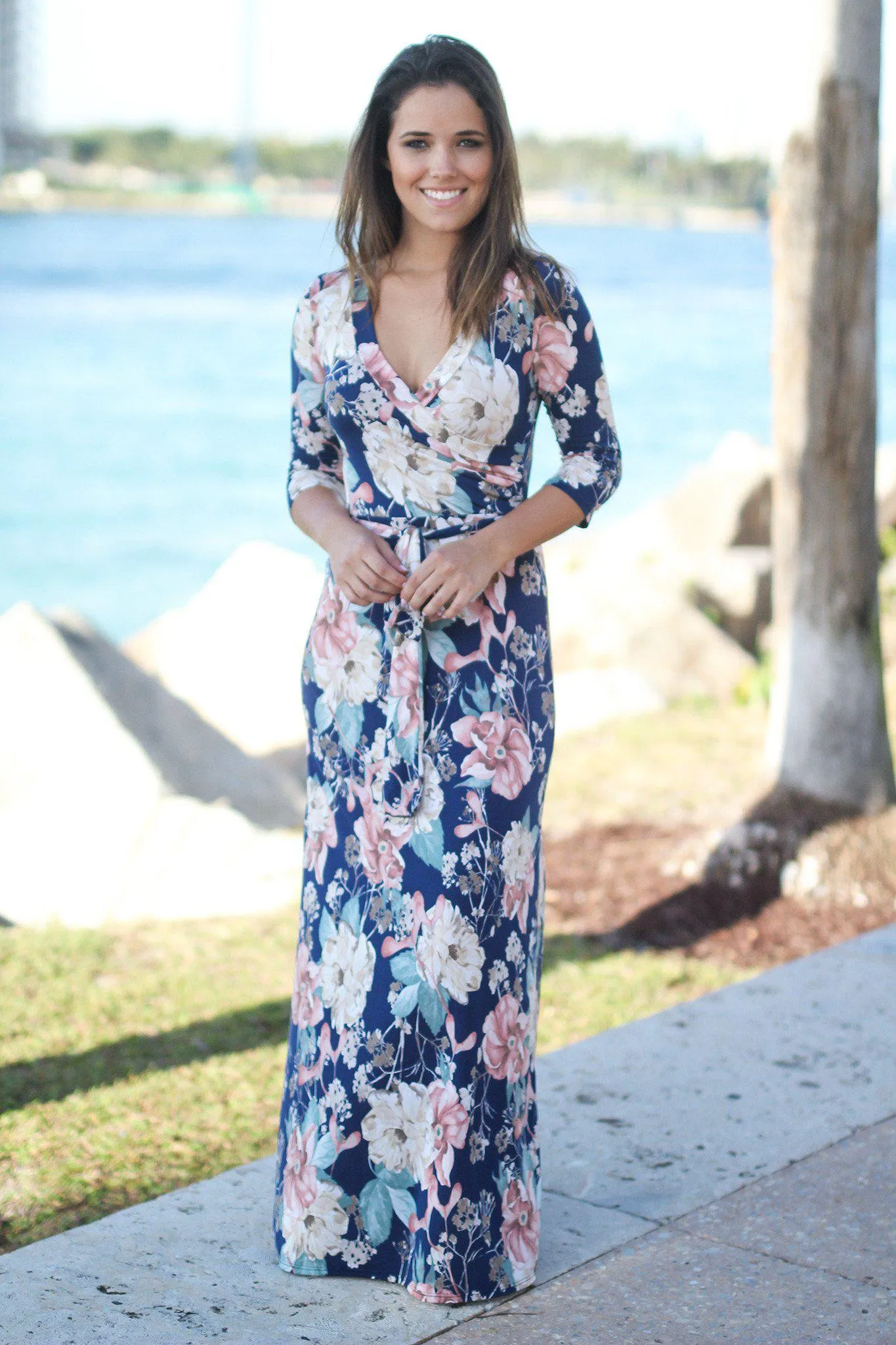 Blue Floral Wrap Maxi Dress