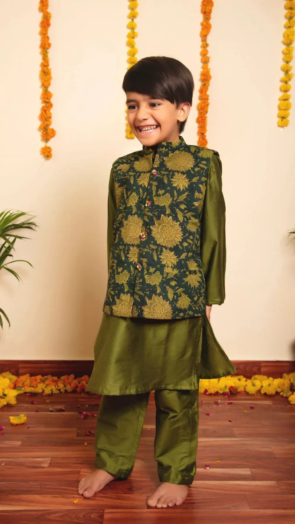 Boys Green Cotton Silk Kurta Pant Set with Printed Nehru Jacket