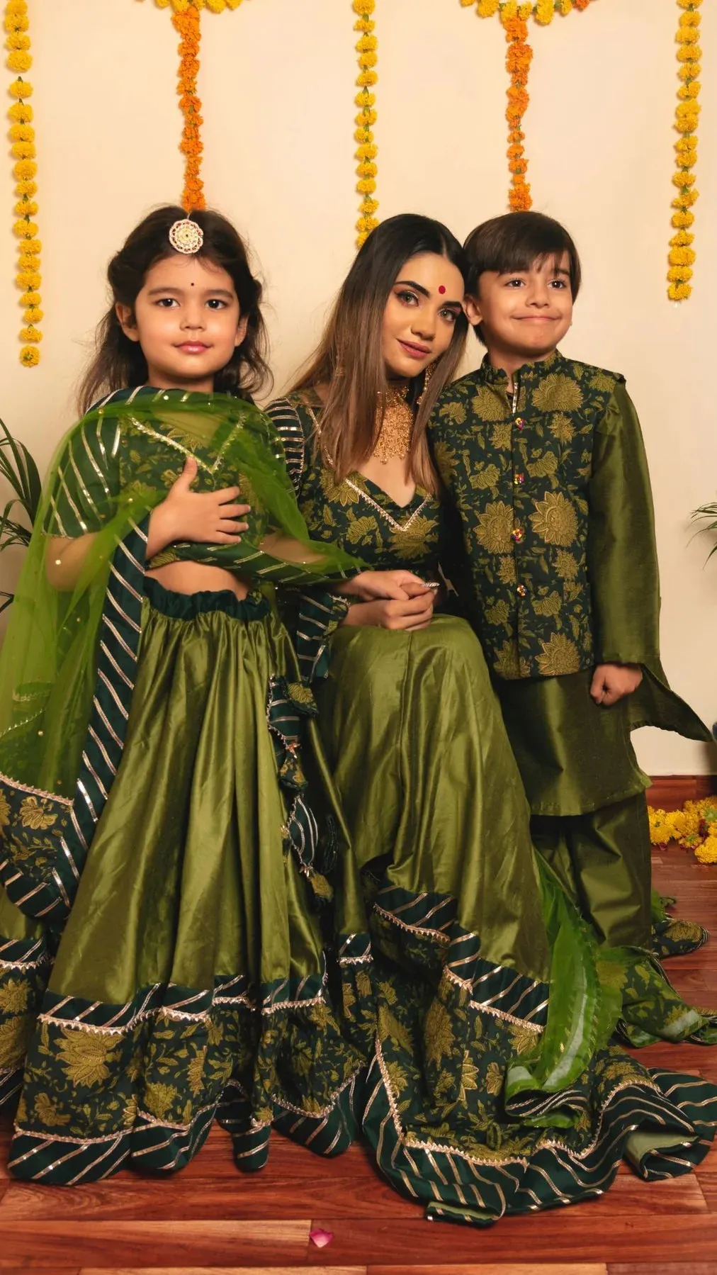Boys Green Cotton Silk Kurta Pant Set with Printed Nehru Jacket