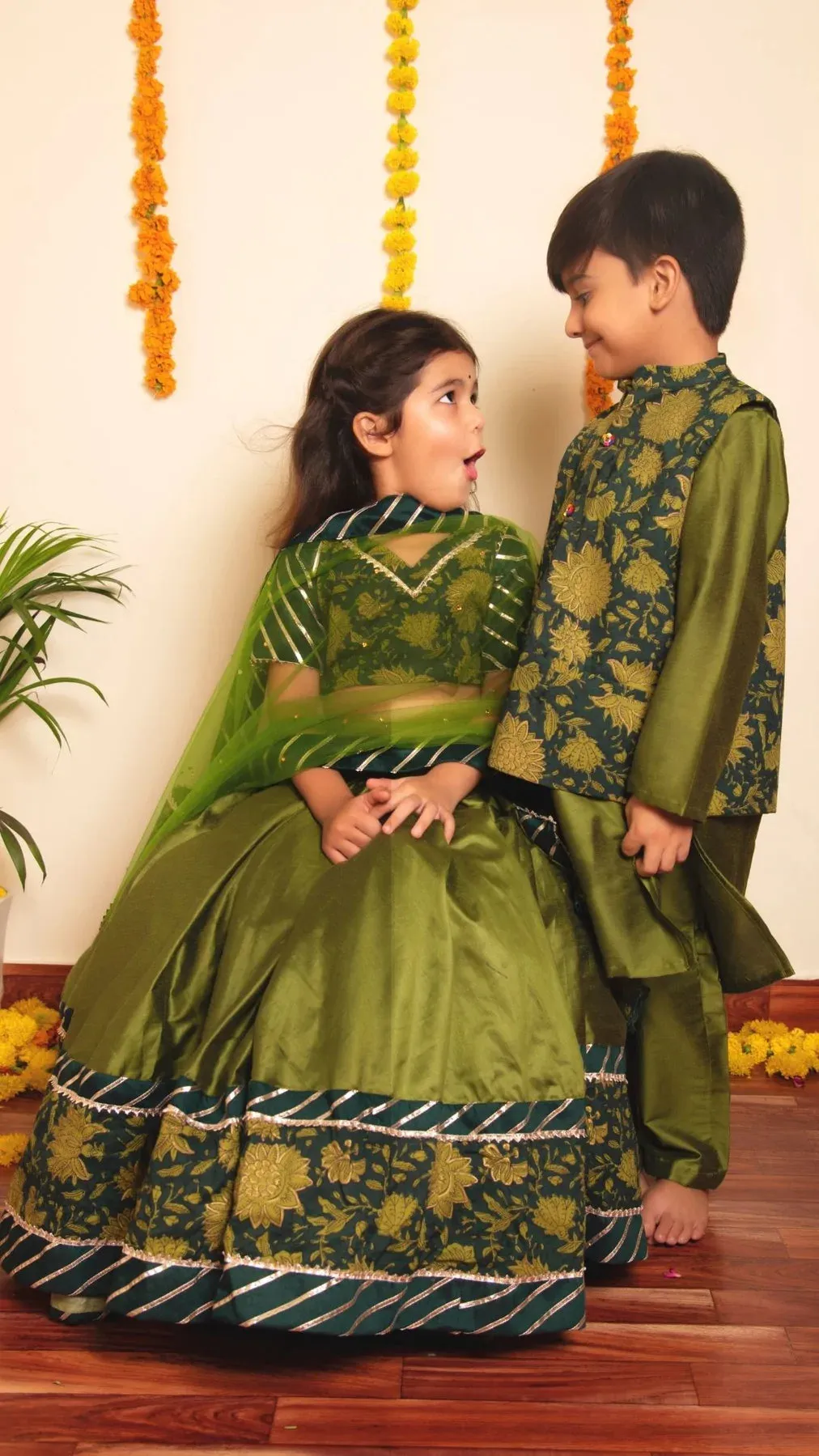 Boys Green Cotton Silk Kurta Pant Set with Printed Nehru Jacket