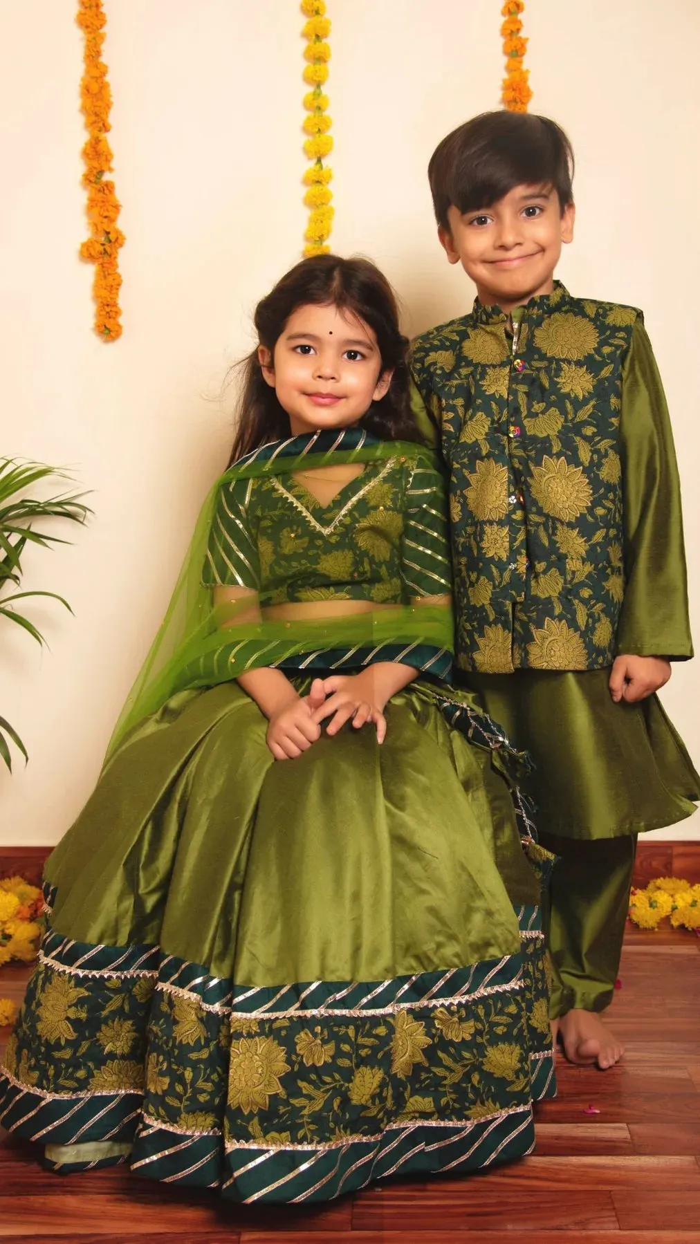 Boys Green Cotton Silk Kurta Pant Set with Printed Nehru Jacket