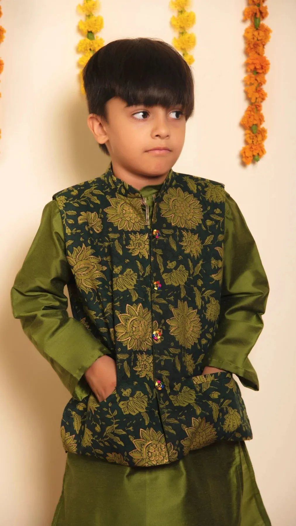Boys Green Cotton Silk Kurta Pant Set with Printed Nehru Jacket