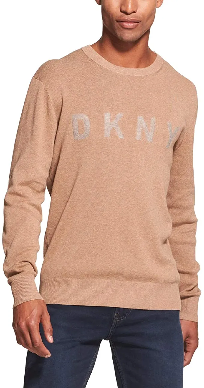 DKNY Cotton Long Sleeve Crewneck Men's Sweater Jumper in Camel Melange