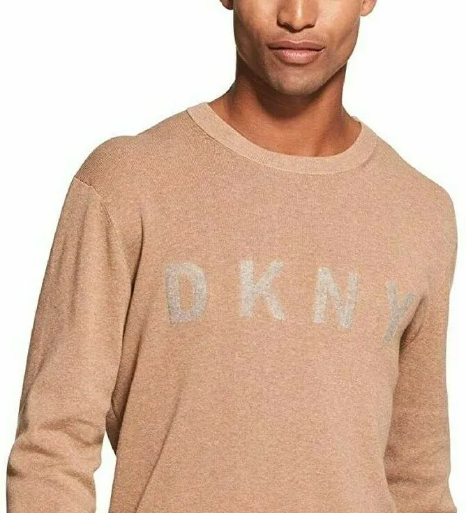 DKNY Cotton Long Sleeve Crewneck Men's Sweater Jumper in Camel Melange