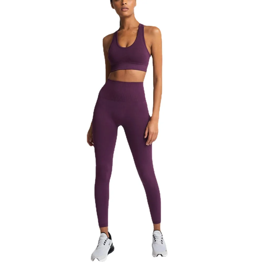 European and American Solid Color Seamless Knitted Hip Yoga Suit Exercise Workout Outfit Vest Suit Women