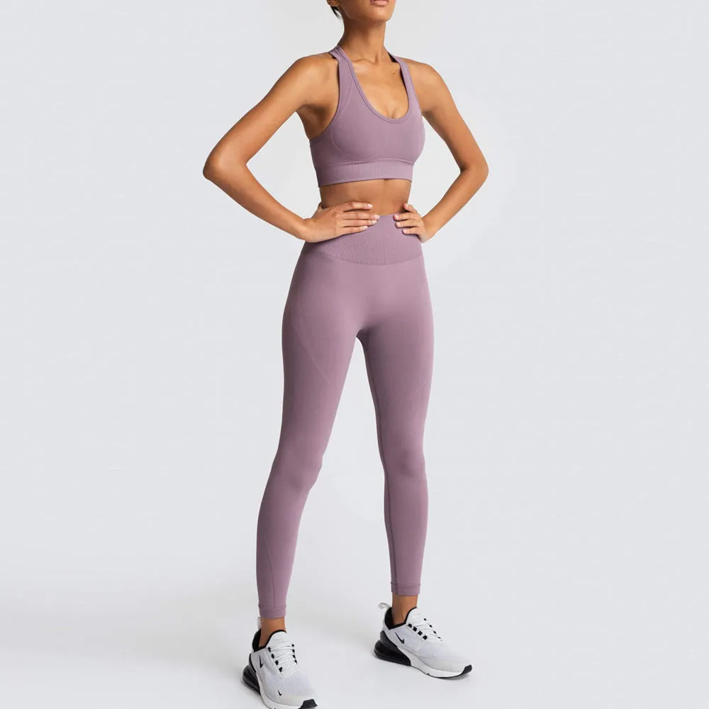 European and American Solid Color Seamless Knitted Hip Yoga Suit Exercise Workout Outfit Vest Suit Women
