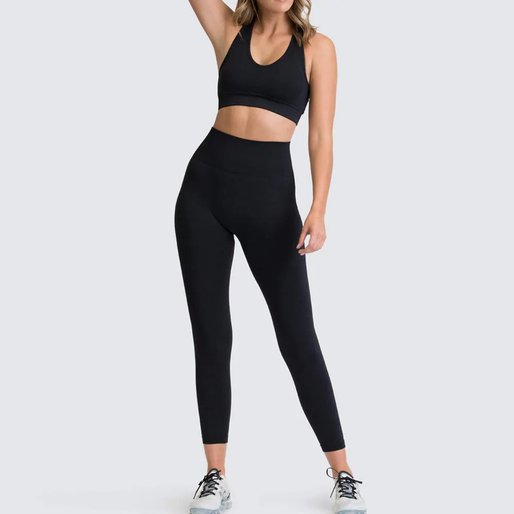 European and American Solid Color Seamless Knitted Hip Yoga Suit Exercise Workout Outfit Vest Suit Women