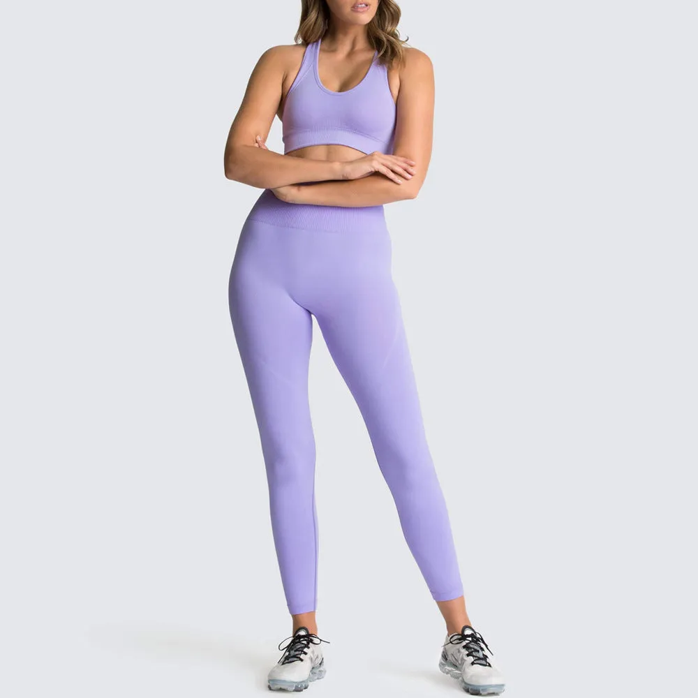 European and American Solid Color Seamless Knitted Hip Yoga Suit Exercise Workout Outfit Vest Suit Women