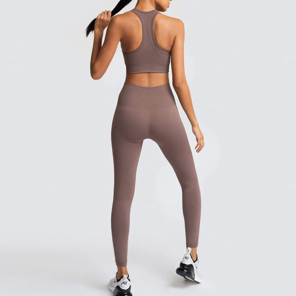 European and American Solid Color Seamless Knitted Hip Yoga Suit Exercise Workout Outfit Vest Suit Women