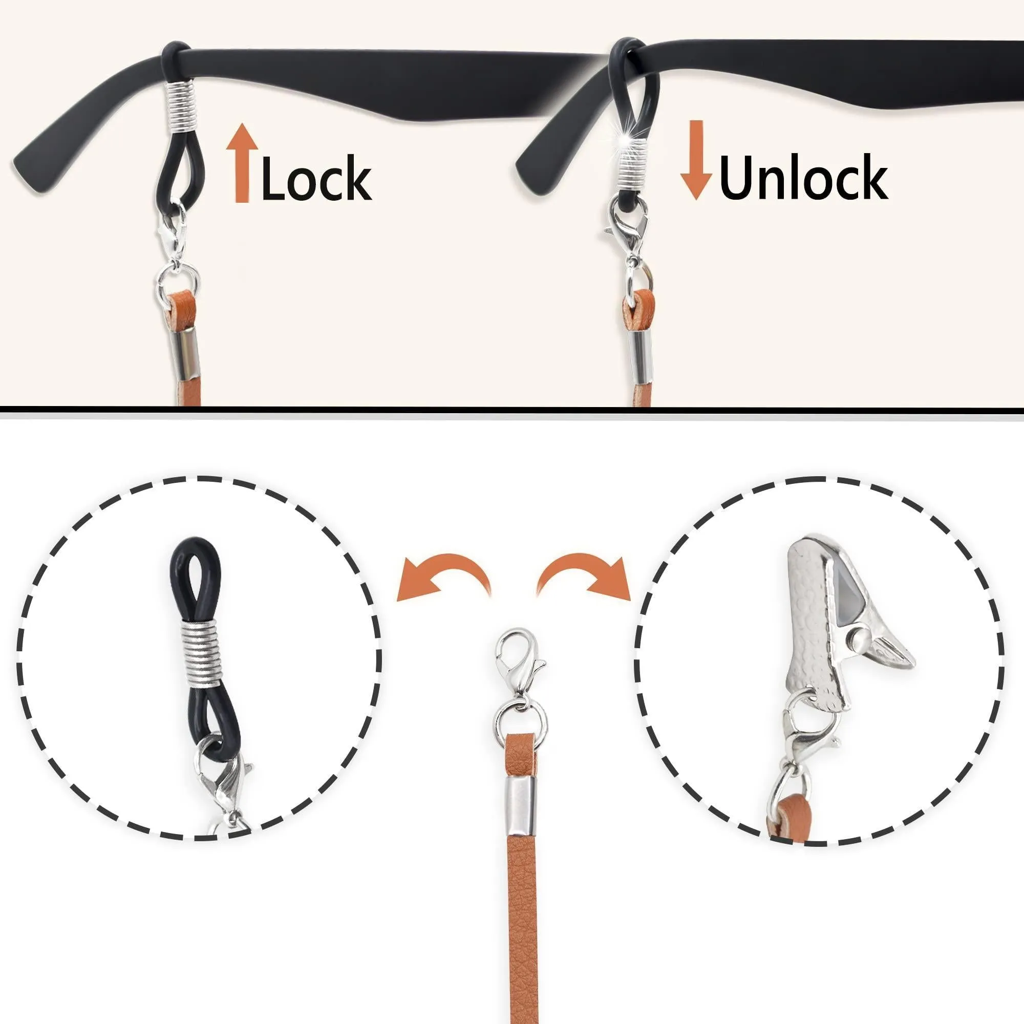 Eyeglasses Holder Strap Cord Premium Eco Leather 4 Pcs AntiSlip Clip Loop