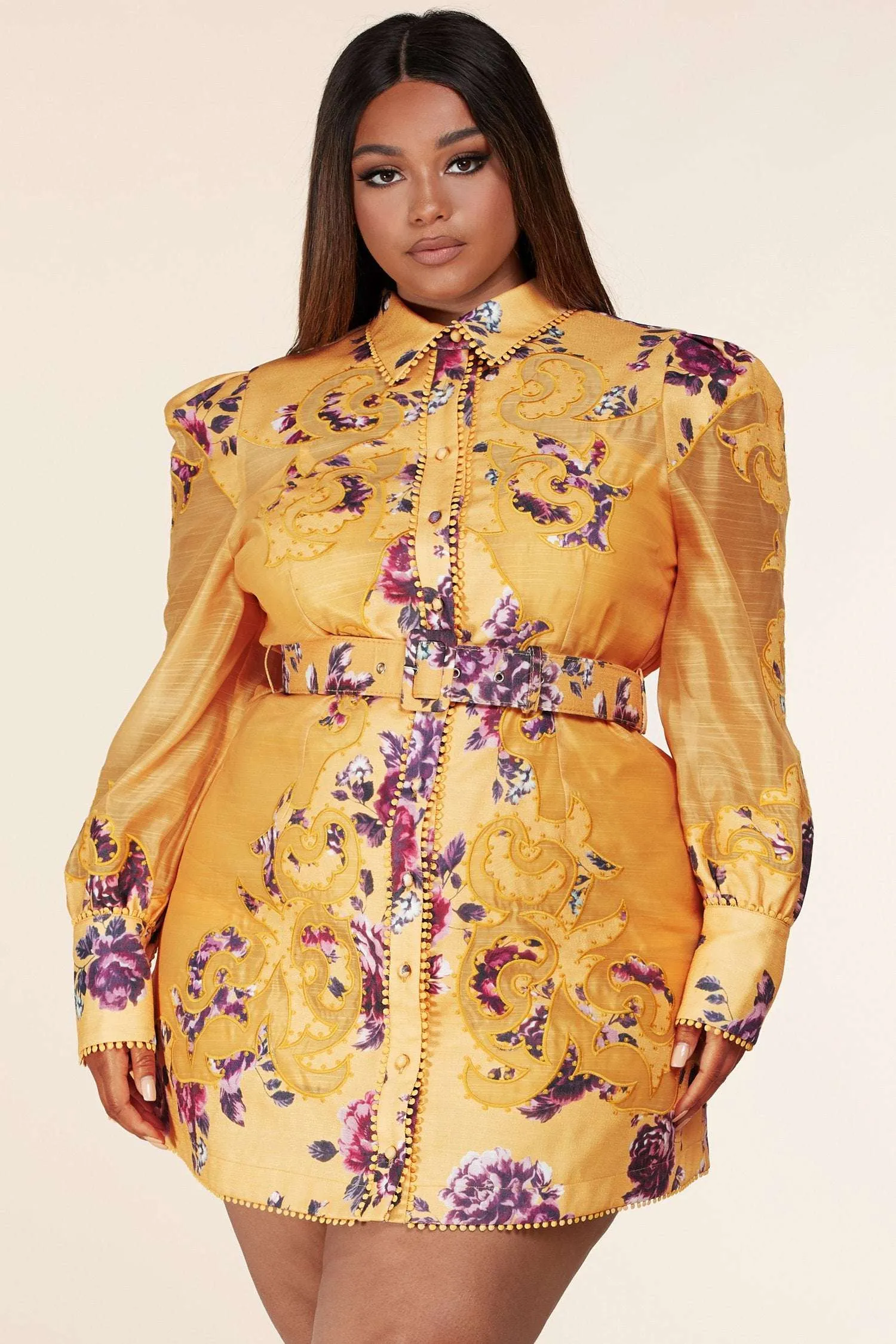 Fasheabe Plus Size Long Sleeve Floral Print Mini Dress