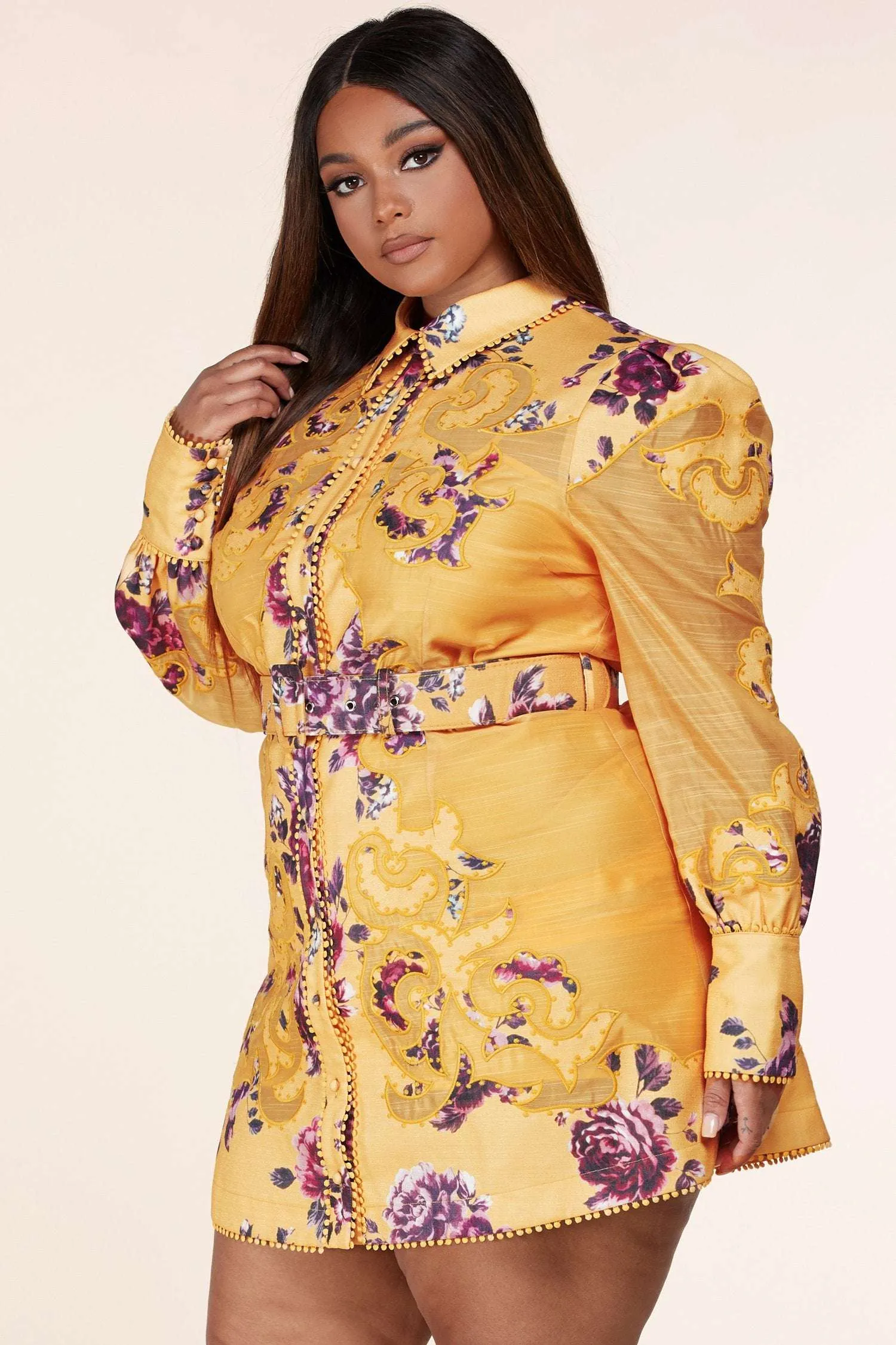 Fasheabe Plus Size Long Sleeve Floral Print Mini Dress