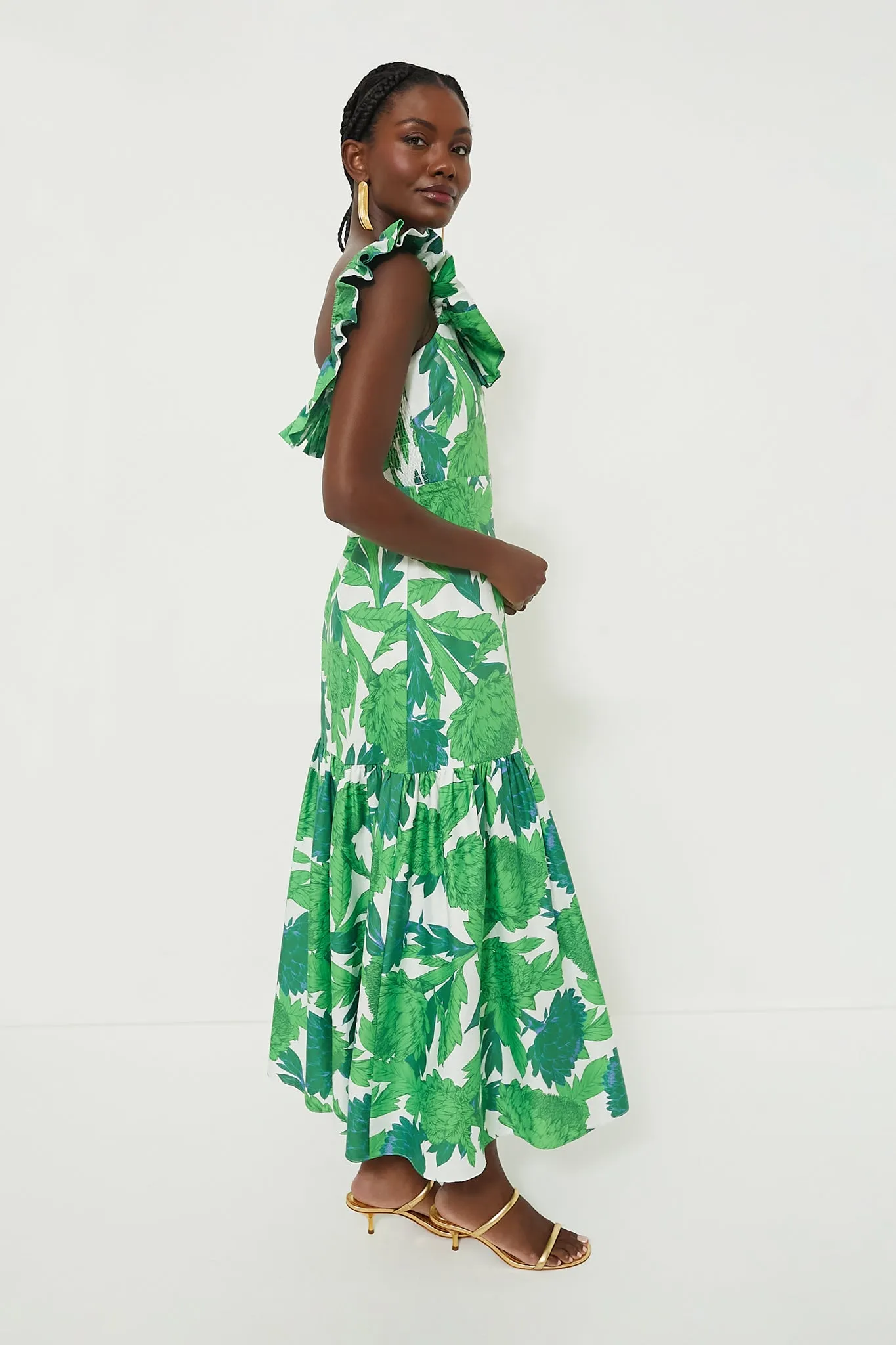 Green Dandelion Floral Off-the-Shoulder Giselle Dress