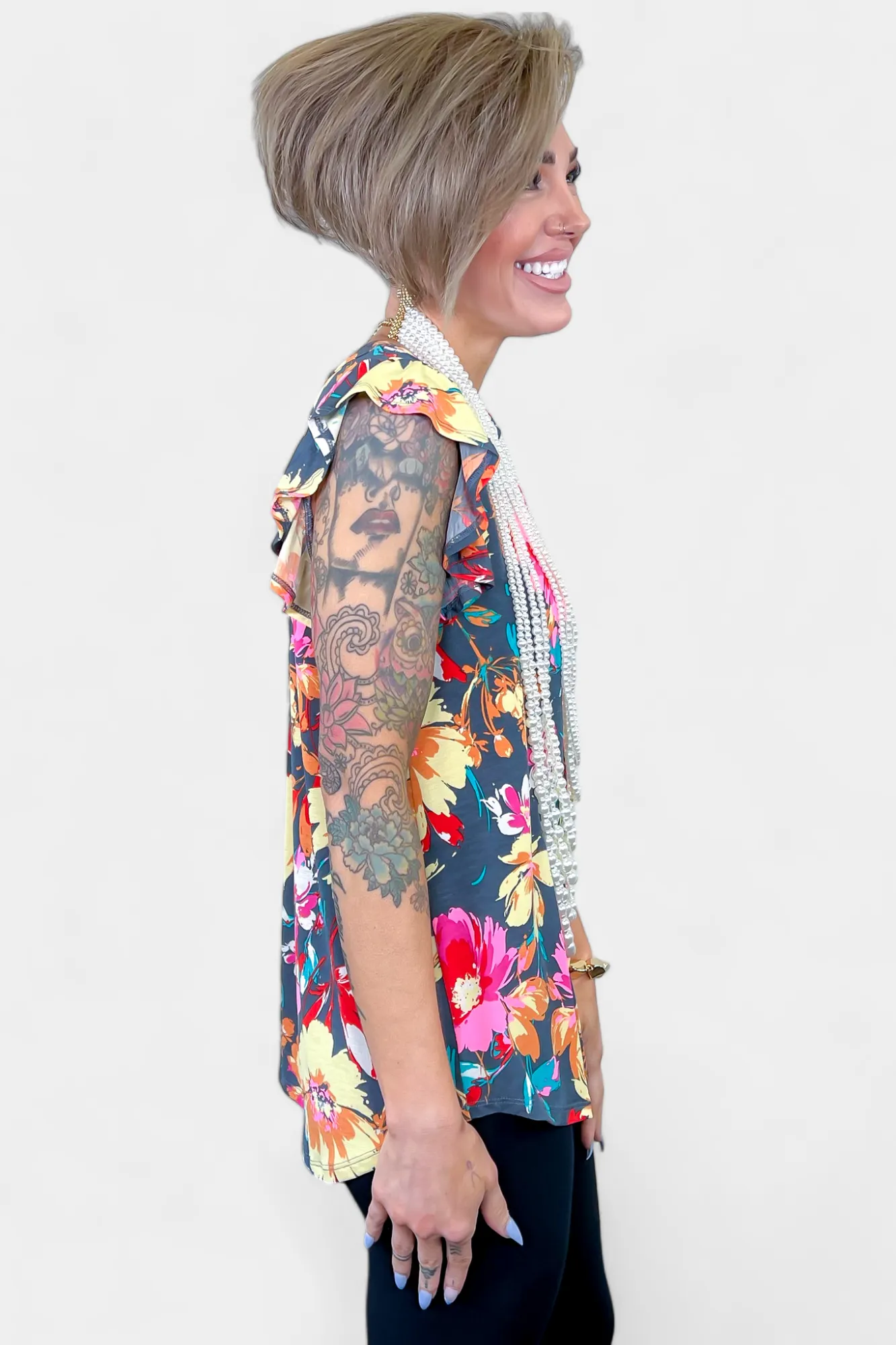 Grey Floral Lizzy Flutter Sleeve Top [NO RETURNS]
