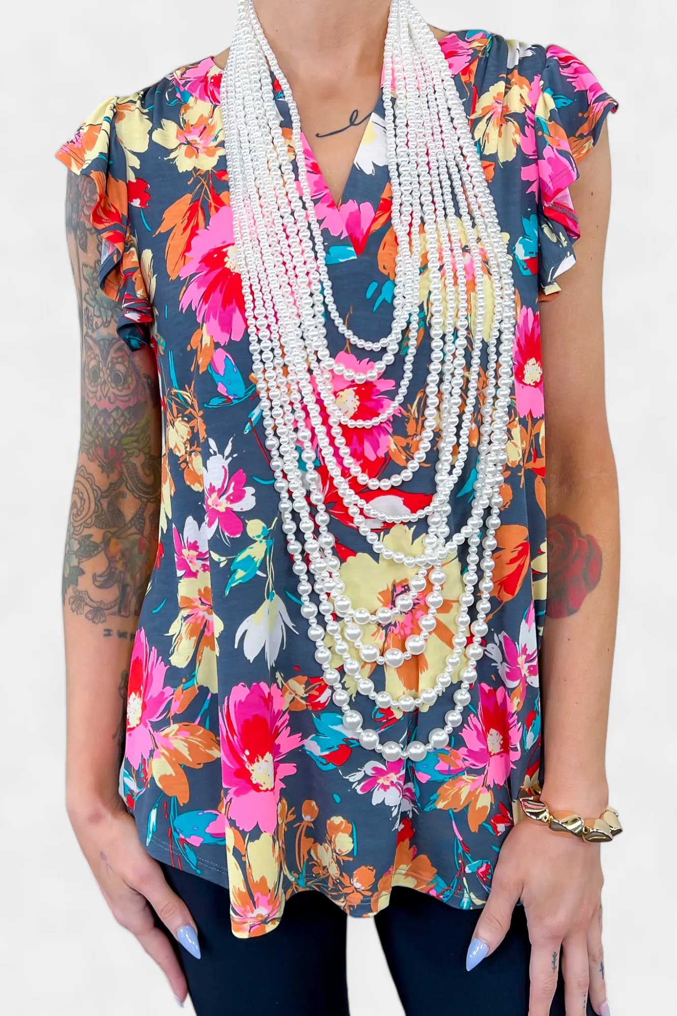 Grey Floral Lizzy Flutter Sleeve Top [NO RETURNS]