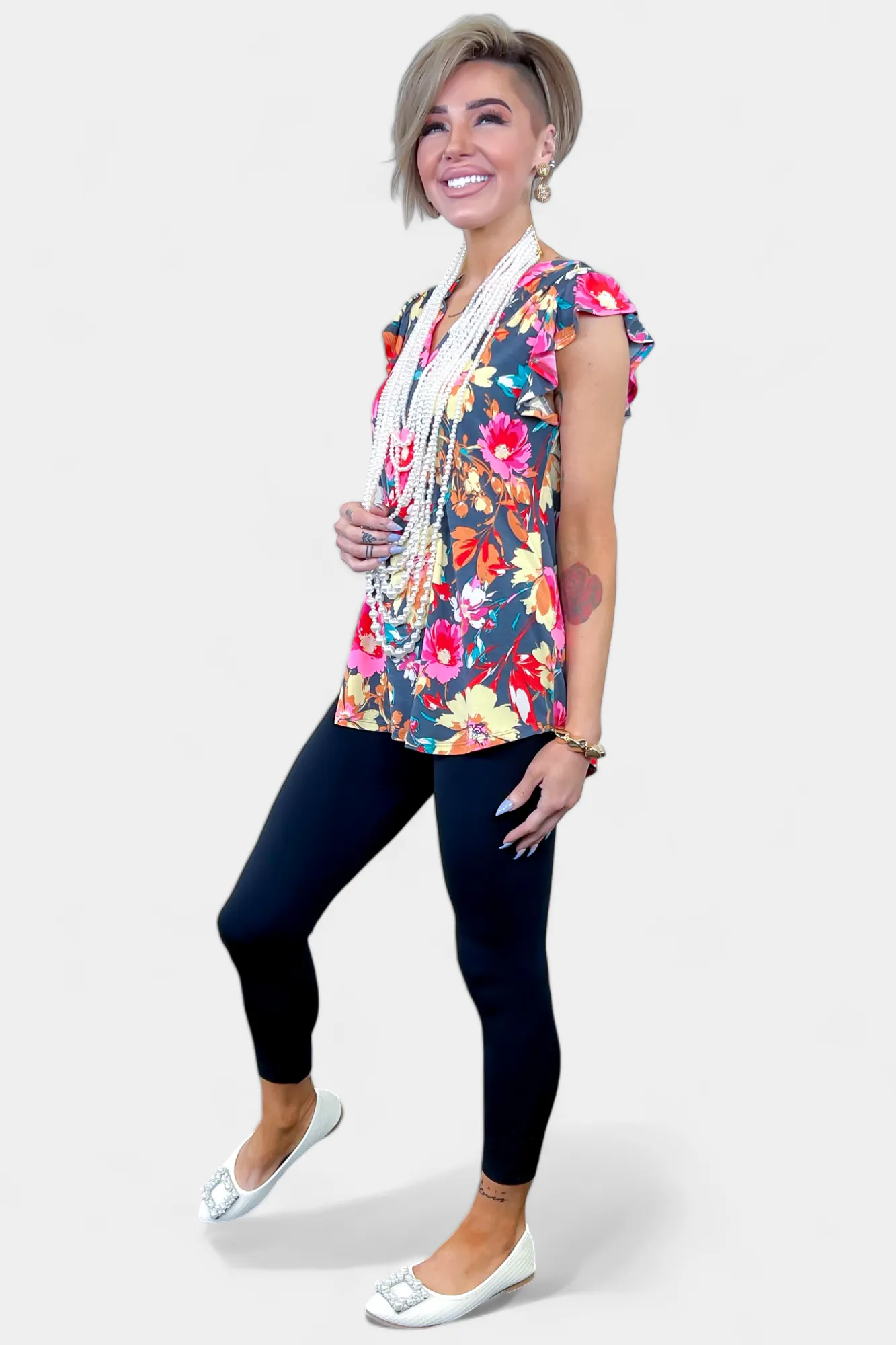 Grey Floral Lizzy Flutter Sleeve Top [NO RETURNS]