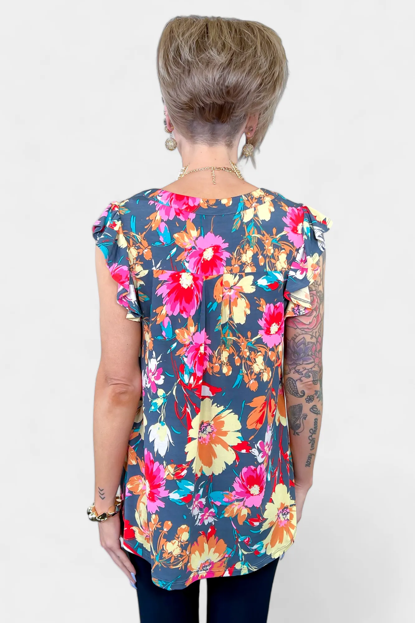 Grey Floral Lizzy Flutter Sleeve Top [NO RETURNS]