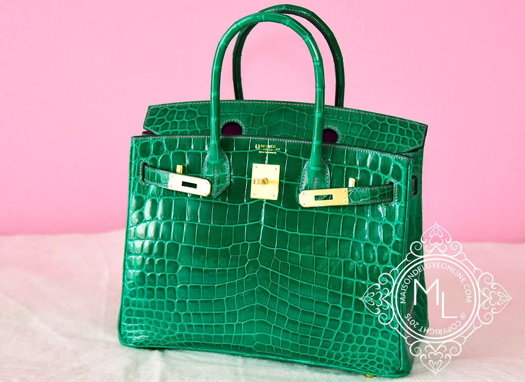 Hermes Vert Emerald Emeraude   Fuchsia Crocodile Bicolor Birkin 30 Handbag