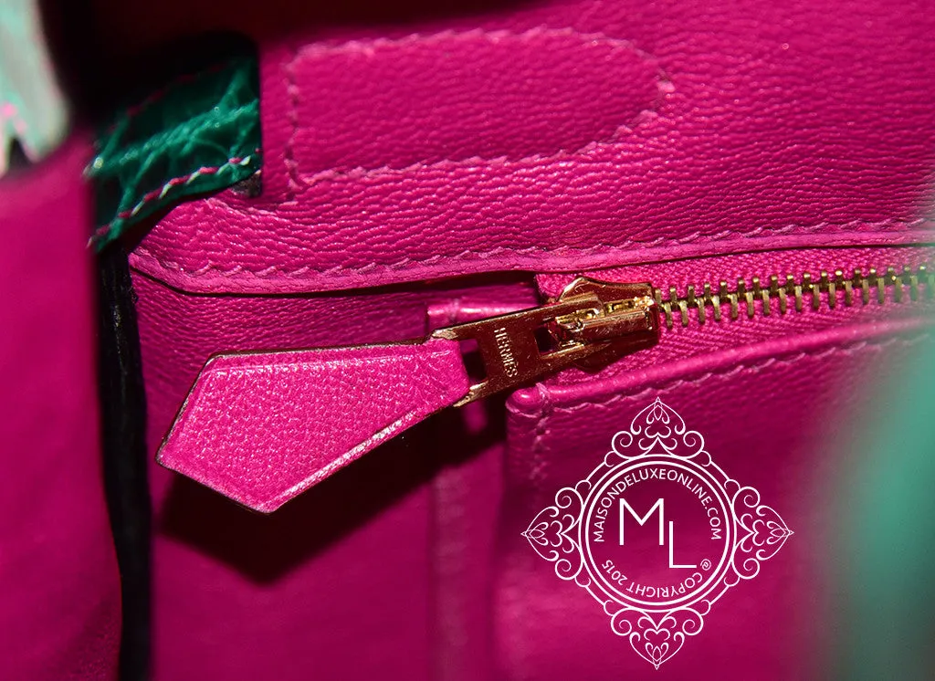 Hermes Vert Emerald Emeraude   Fuchsia Crocodile Bicolor Birkin 30 Handbag