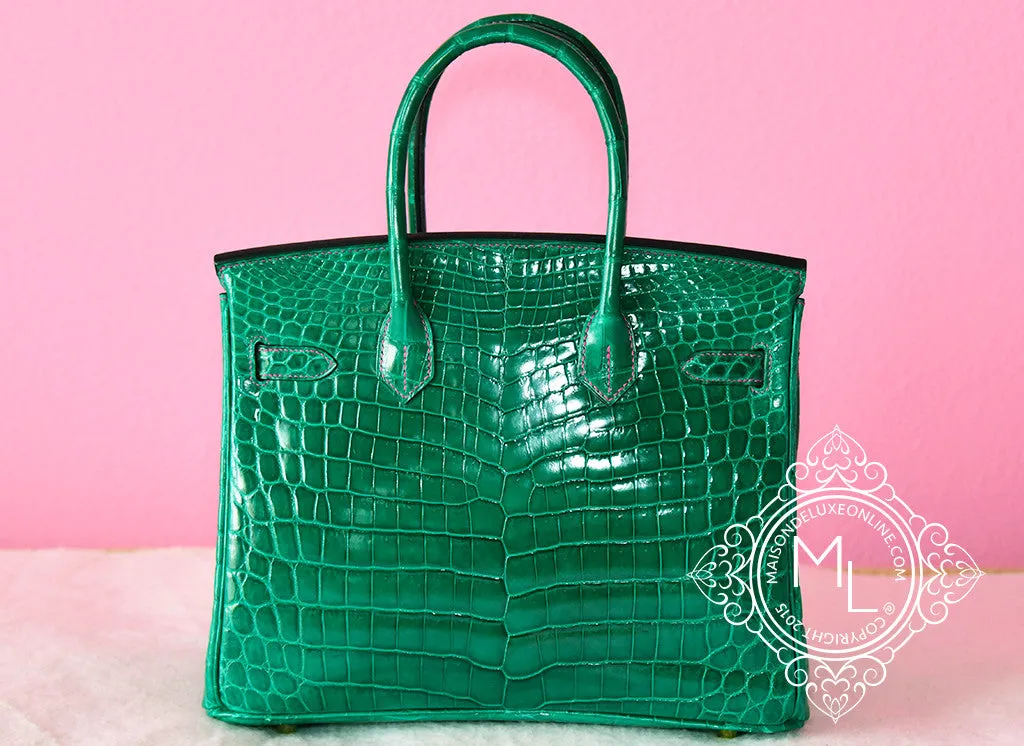 Hermes Vert Emerald Emeraude   Fuchsia Crocodile Bicolor Birkin 30 Handbag