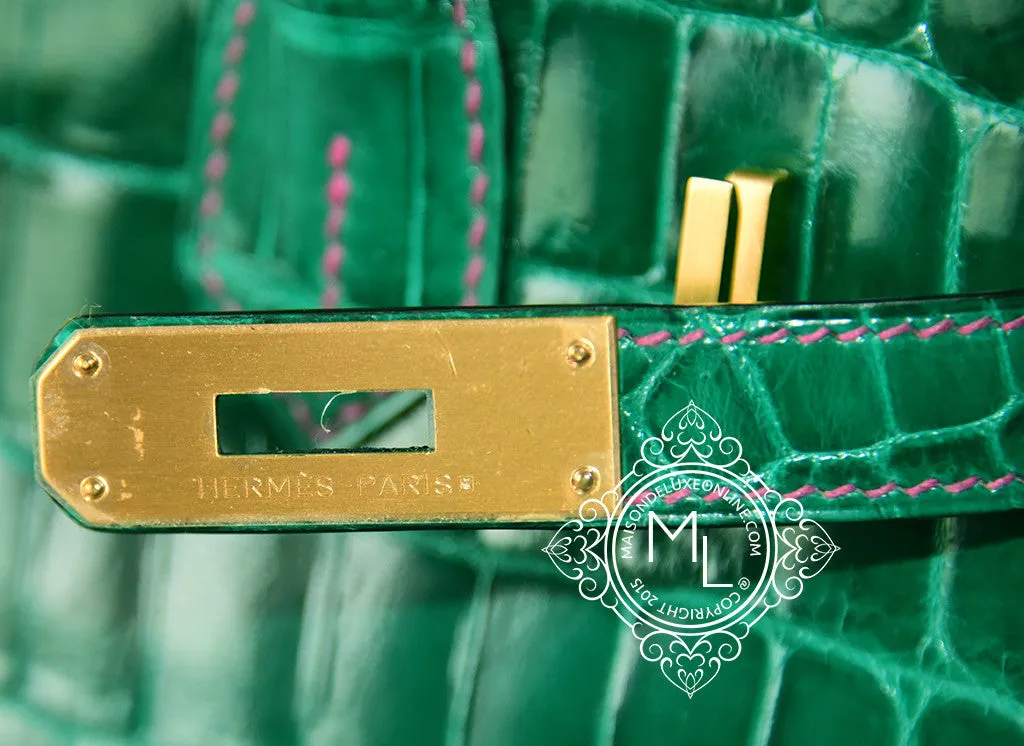 Hermes Vert Emerald Emeraude   Fuchsia Crocodile Bicolor Birkin 30 Handbag