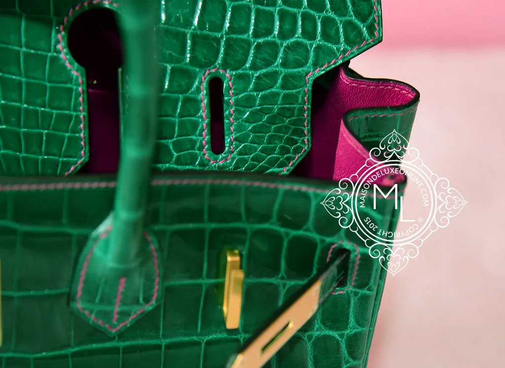 Hermes Vert Emerald Emeraude   Fuchsia Crocodile Bicolor Birkin 30 Handbag