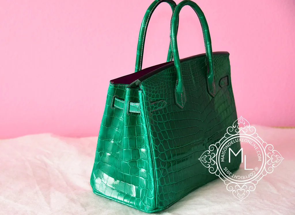 Hermes Vert Emerald Emeraude   Fuchsia Crocodile Bicolor Birkin 30 Handbag