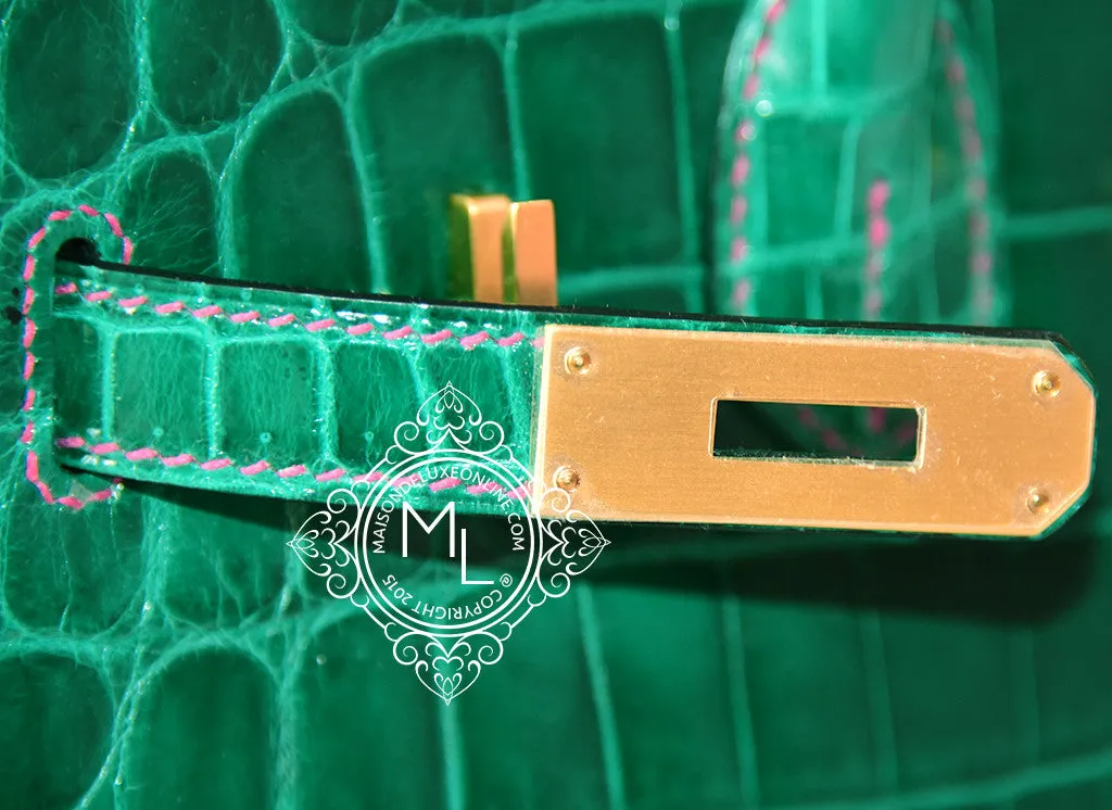 Hermes Vert Emerald Emeraude   Fuchsia Crocodile Bicolor Birkin 30 Handbag