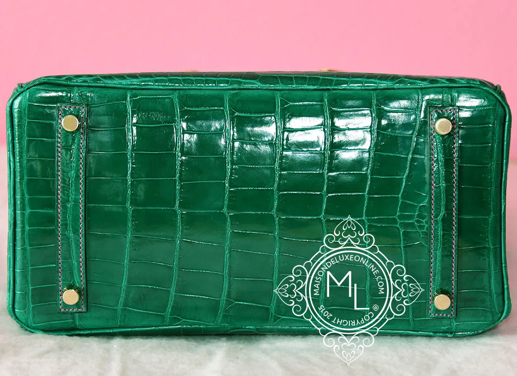 Hermes Vert Emerald Emeraude   Fuchsia Crocodile Bicolor Birkin 30 Handbag
