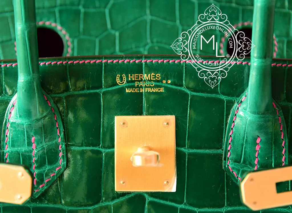 Hermes Vert Emerald Emeraude   Fuchsia Crocodile Bicolor Birkin 30 Handbag