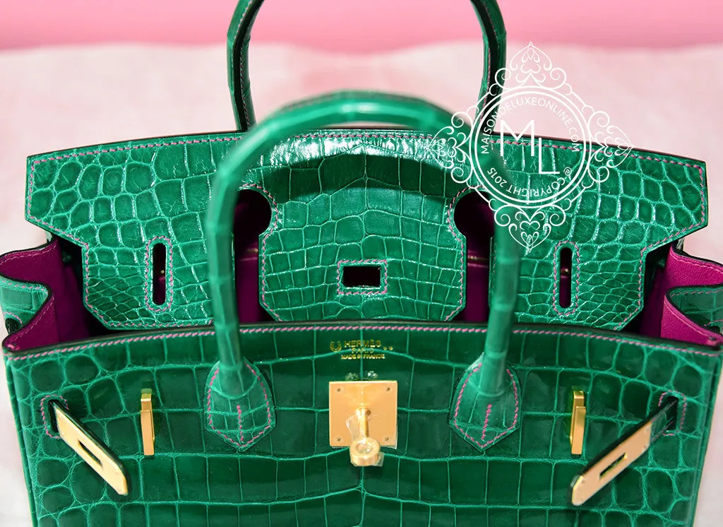 Hermes Vert Emerald Emeraude   Fuchsia Crocodile Bicolor Birkin 30 Handbag