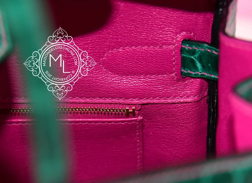 Hermes Vert Emerald Emeraude   Fuchsia Crocodile Bicolor Birkin 30 Handbag