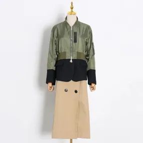 Hit Color Patchwork Zipper Casual Long Windweark For Women Stand Collar Long Sleeve Spliced Button Vintage Trench Female