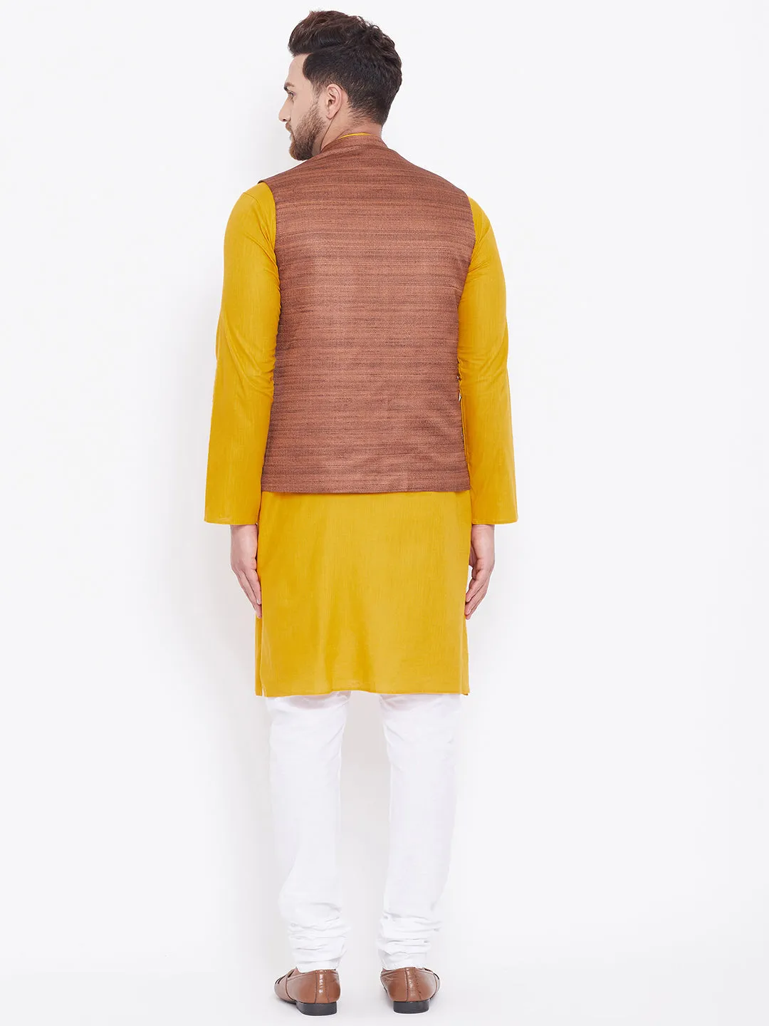 Jashvi Men's Coffee Brown, Mustard And White Cotton Blend Jacket, Kurta and Pyjama Set