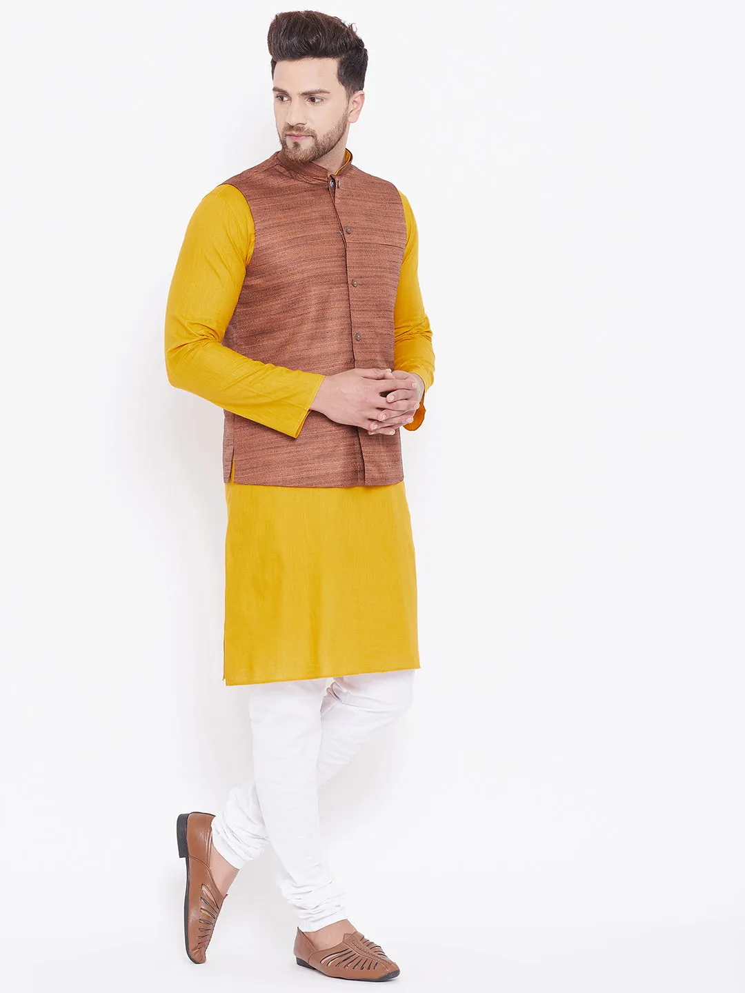 Jashvi Men's Coffee Brown, Mustard And White Cotton Blend Jacket, Kurta and Pyjama Set