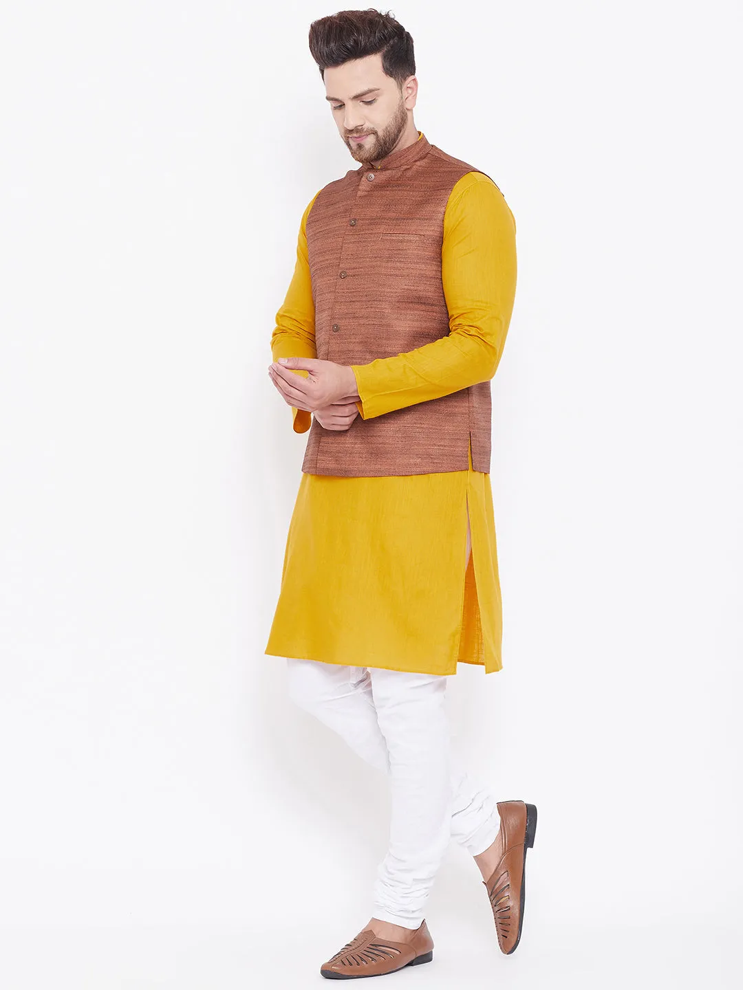 Jashvi Men's Coffee Brown, Mustard And White Cotton Blend Jacket, Kurta and Pyjama Set