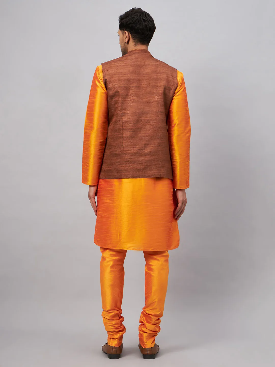 Jashvi Men's Coffee Jacket With Orange Kurta And Pyjama Set