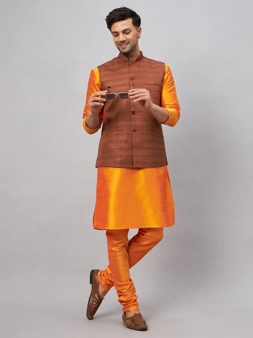 Jashvi Men's Coffee Jacket With Orange Kurta And Pyjama Set