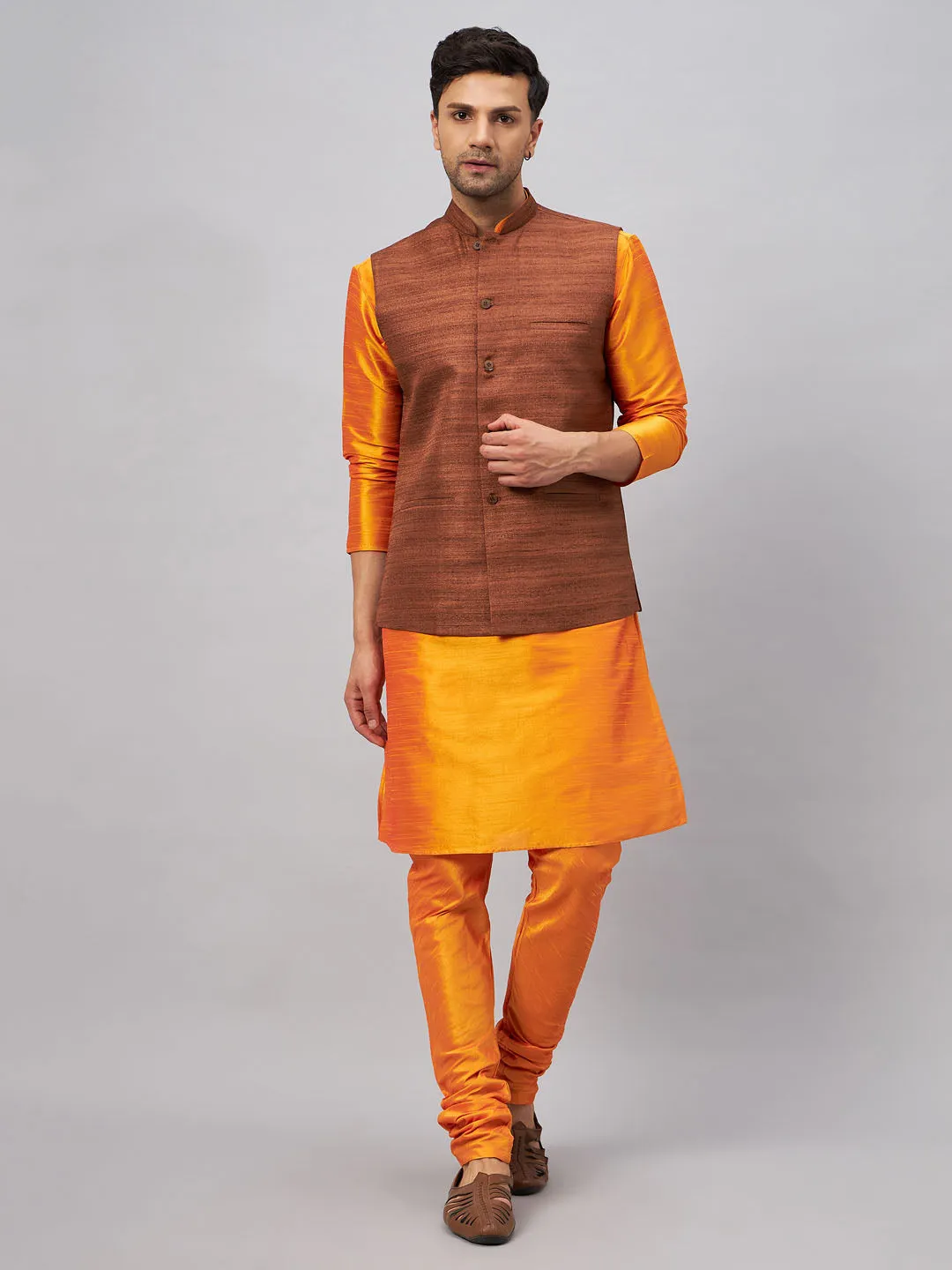Jashvi Men's Coffee Jacket With Orange Kurta And Pyjama Set