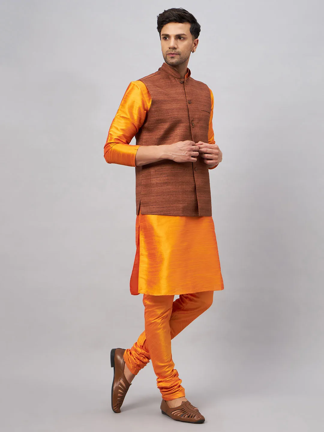 Jashvi Men's Coffee Jacket With Orange Kurta And Pyjama Set