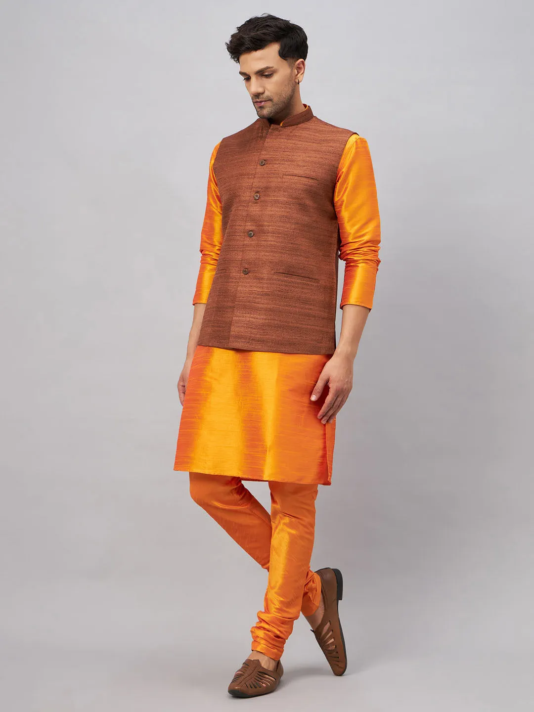 Jashvi Men's Coffee Jacket With Orange Kurta And Pyjama Set