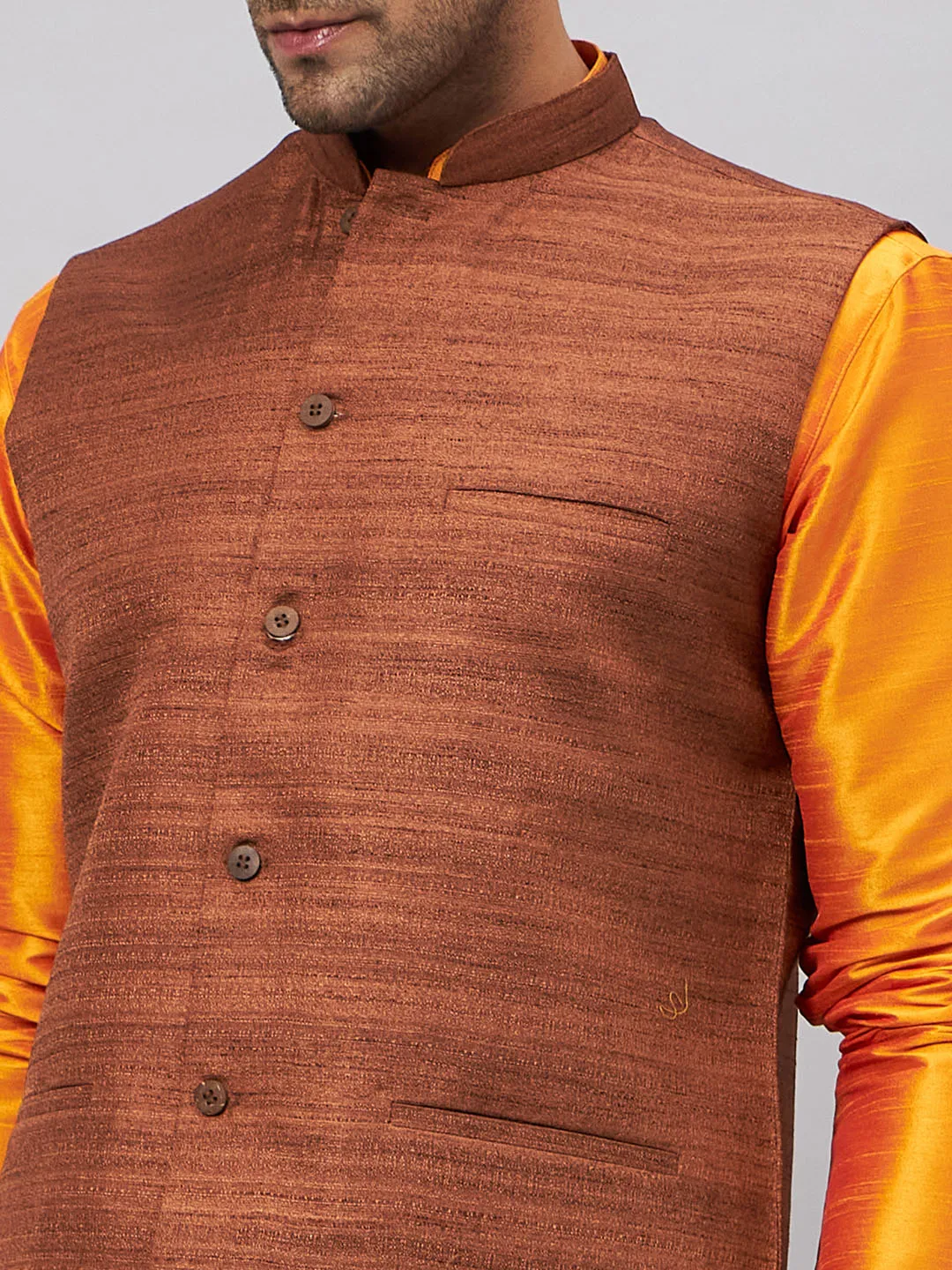 Jashvi Men's Coffee Jacket With Orange Kurta And Pyjama Set
