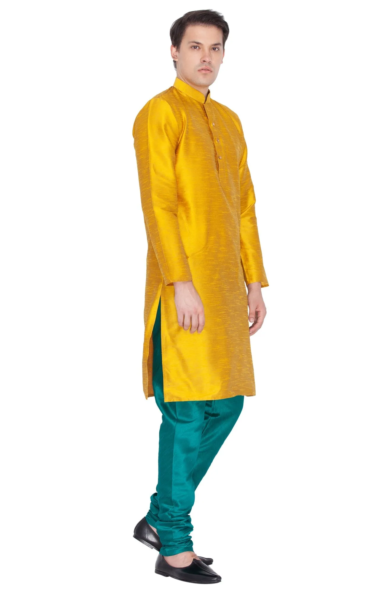 Jashvi Men's Gold Cotton Silk Blend Kurta and Pyjama Set